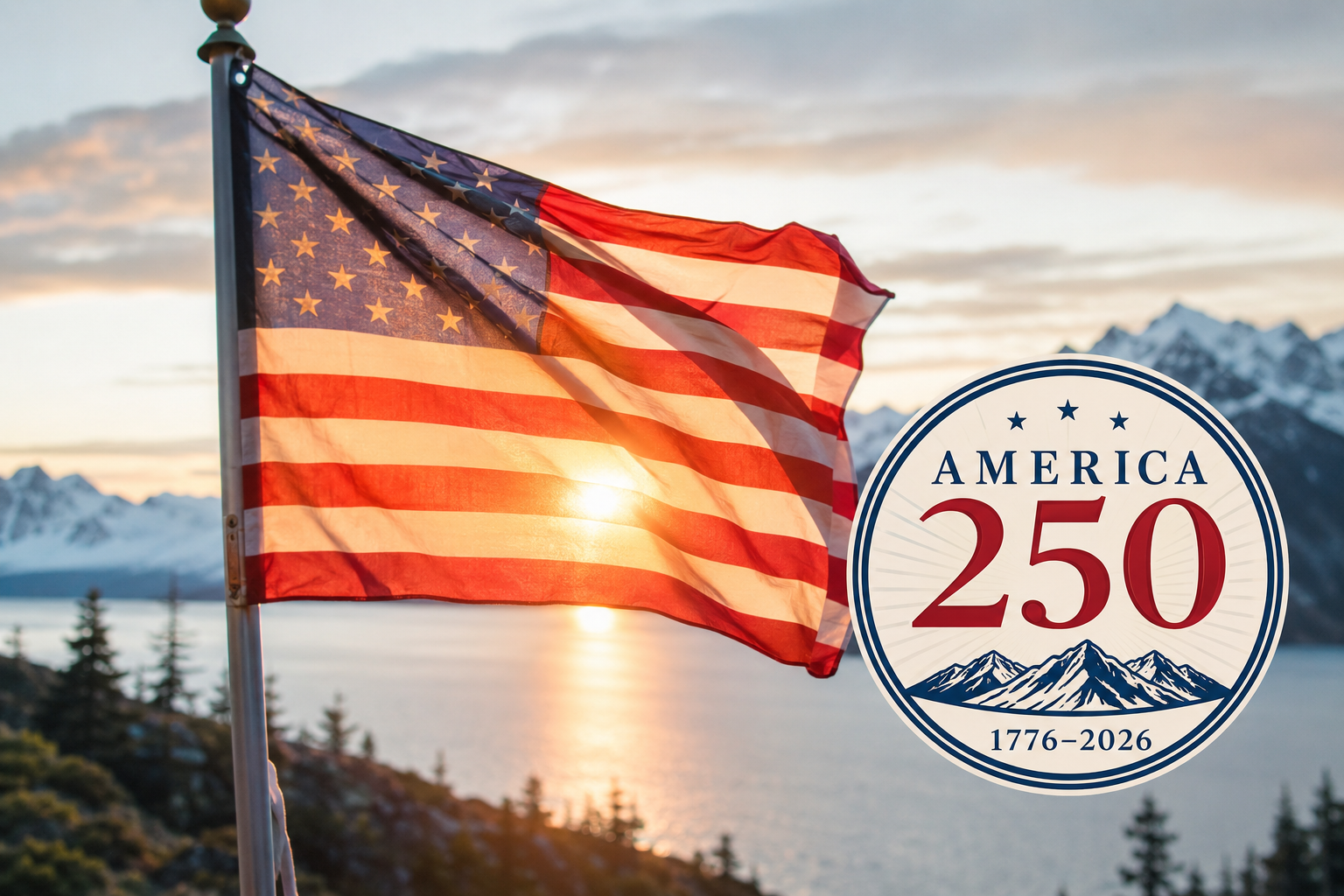 American flag at sunset over an Alaska fjord celebrating America's 250th anniversary, 1776 to 2026