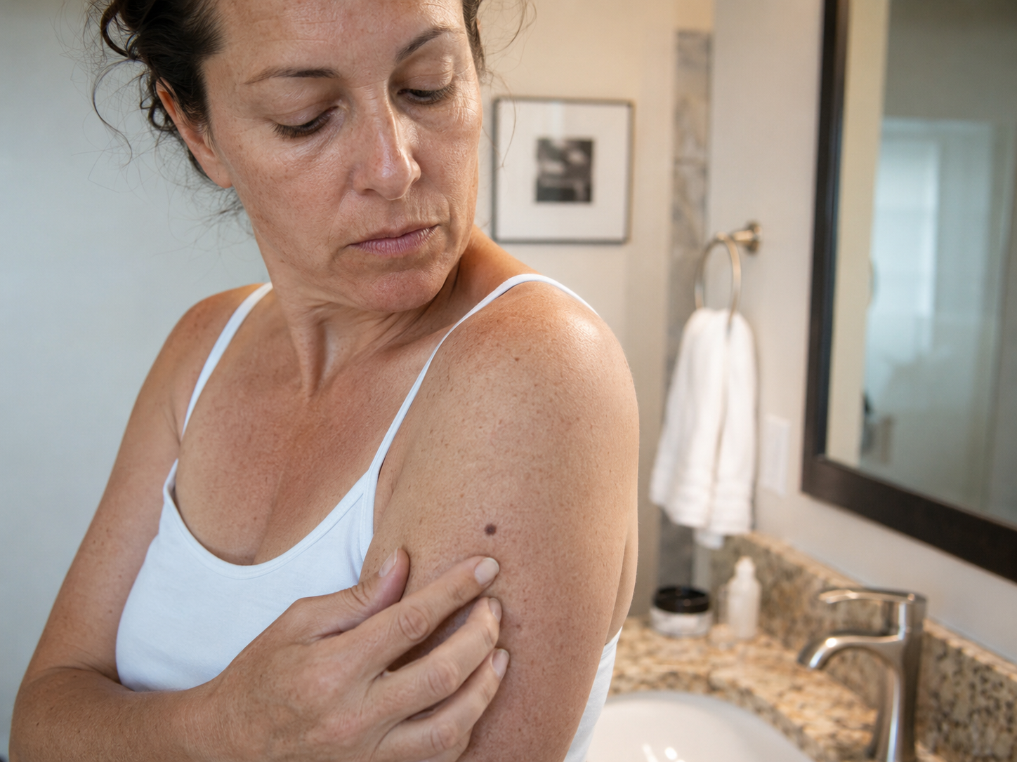 Middle-aged woman checking a pigmented mole on her upper arm during a skin self-exam