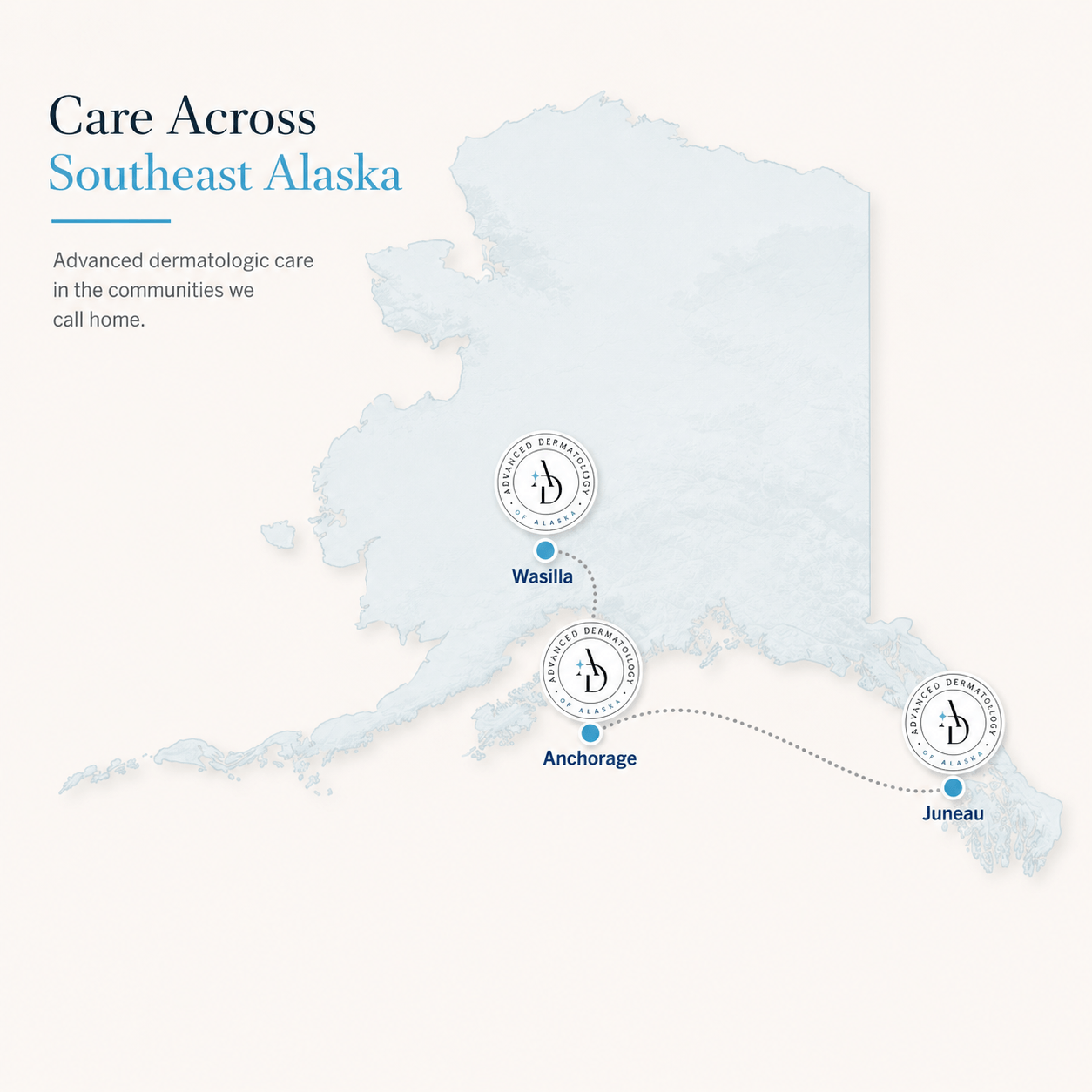 Map of Southeast Alaska showing Advanced Dermatology of Alaska locations.