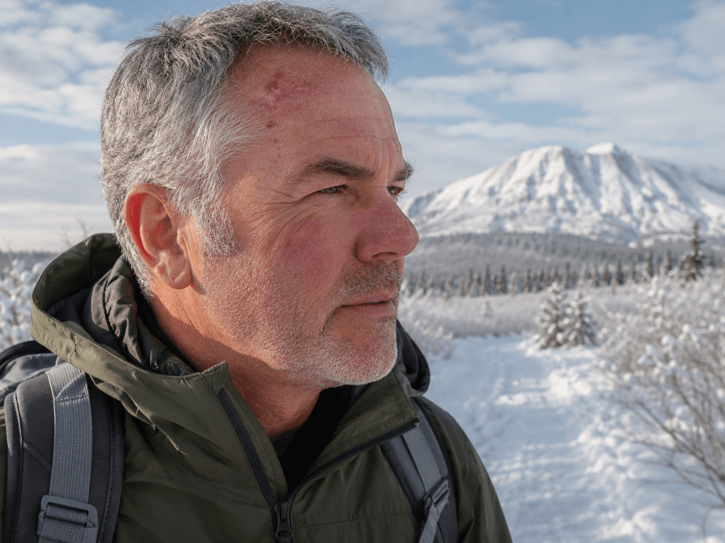 Middle-aged man with actinic keratosis on the forehead and temples in an Alaska outdoor setting