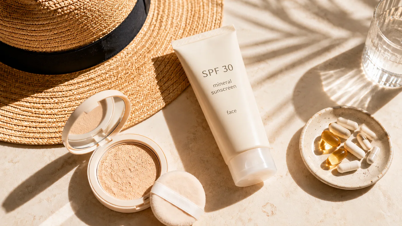 Sun protection essentials with SPF 30 mineral sunscreen, wide-brim hat, sun powder, and capsules in warm sunlight